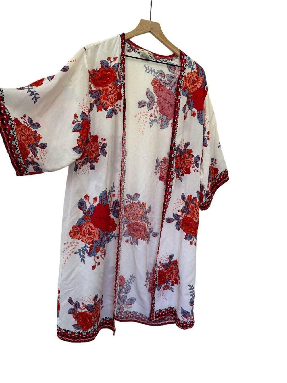 Flying Tomato women’s M/L white red floral kimono Asian boho 3/4 sleeve cover up